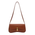 Caramel brown leather baguette shoulder bag with elegant oval golden metal lock - Brown