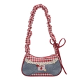 Plaid and denim canvas tote bag with bow detail and ruffled shoulder strap - Style 2