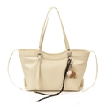 Off-white leather tote bag with lychee texture and baseball glove charm accessory - With Pendant / White