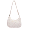 Milk white corduroy shoulder bag with pink bow prints and adjustable strap - Pink Bowknot