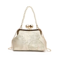Elegant ivory silk shell bag with bamboo embroidery, pearl handle and gold chain strap - White