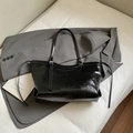 Glossy black large tote bag in patent leather finish with long shoulder straps and side ties - No Pendant / Black