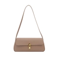 Elegante bolso de mano cuadrado de cuero beige con textura lichi y cierre dorado - Caqui