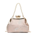 Pink floral embroidery shell bag with large pearl clasp and elegant pearl handle strap - Pink