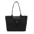 Grote zwarte nylon tote bag voor dames met lederen bies, minimalistische schoudertas - Zwart