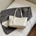 Chic creamy white patent leather tote bag with glossy wrinkled texture for women - No Pendant / White