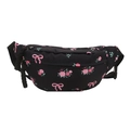 Floral print crescent crossbody bag with pink bow pattern and adjustable strap - Black