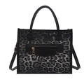 Bolso de mano de moda con estampado de leopardo, cremallera dorada y ribete de cuero negro - Negro