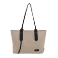Chic beige canvas tote bag with black leather straps and fashion label in 2025 style - White and Black