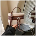 Borsa a scatola retrò in tela e pelle marrone con doppia zip e tracolla regolabile - caffè