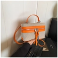 Mini box bag in beige canvas with orange leather trim and top handle strap - Orange