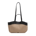 Borsa tote minimalista in pelle scamosciata beige e pelle nera con cuciture bianche a contrasto - Cachi