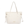 Borsa tote a quadretti beige con doppi manici e dettagli di coulisse decorativi - Bianco