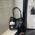 Minimalist black pleated tote bag with woven handles and a plush cloud charm accessory - With Pendant / Black
