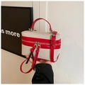 Retro beige and red canvas-leather contrast box bag with adjustable crossbody strap - Red