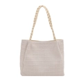 Large capacity beige textured fabric tote bag with braided rope handles for commuting - White