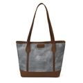 Gray marble pattern tote bag with dark brown leather handles and fashion logo patch - No Pendant / Blue