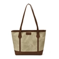 Minimalist large-capacity beige canvas tote bag with brown leather accents and long handles - No Pendant / Gray