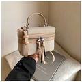 Beige woven box bag with tan leather trim and dual silver zippers in hand-held pose - Khaki