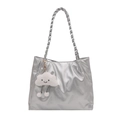Sac fourre-tout argenté avec texture diagonale, poignées tressées et charm nuage blanc - Avec Pendentif / Argenté