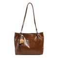 Brown faux leather tote bag with fashion patch, cartoon charm and striped silk scarf - Brown with Pendant