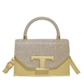 Women's yellow leather square bag with silver rhinestones and a gold T-shaped clasp - Gold