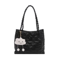 Black quilted tote bag with bear embossing and a white cloud plush charm in 45-degree view - With Cloud Charm / Black