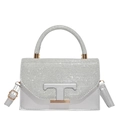 Silver glitter crossbody handbag with metallic T logo and adjustable leather strap - Silver