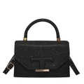 Elegant black crossbody bag featuring glitter flap and signature gold T-logo metal clasp - Black