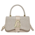 Sac bandoulière beige élégant avec finition scintillante et boucle dorée en D - Doré