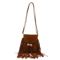 Bolso bandolera de ante marrón estilo bohemio con flecos largos y detalles de madera - Marrón