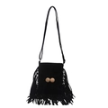 Bolso bandolera retro de ante negro con flecos y decoración de cuentas de madera - Negro