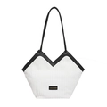 White corduroy tote bag with black leather handles and trim for professional women - No Pendant / White
