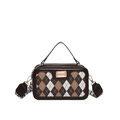 Brown diamond lattice crossbody bag with white accents and wide woven shoulder strap - Coffee