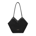 Large black corduroy tote bag with V-shaped leather trim and shoulder straps - No Pendant / Black