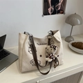 Large cream canvas tote bag with cat print, brown straps and leopard plush charm - Off-white with Pendant