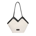 Vertical corduroy tote bag in white with black leather straps and fashion label - No Pendant / Off White