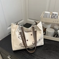 Cream canvas tote bag with cartoon cat print and brown leather shoulder straps - Off-white without Pendant