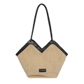 Beige corduroy tote bag with black leather trim and V-shaped opening for women - No Pendant / Brown
