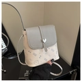 Detail of grey and white crossbody bucket bag with heart-shaped buckle and cat print - No Pendant / Gray