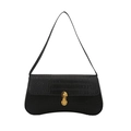 Classic black crocodile pattern shoulder bag with a gold oval metal buckle on white background - Black