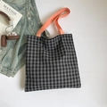 Minimalist gingham canvas tote bag with orange straps and large capacity for daily use - Black Gray Grid with Orange Handle / Gray