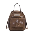 Zaino vintage marrone da donna con toppe cartoon e tracolla a catena dorata - Marrone