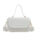 Minimalist white leather crossbody bag with curved stitching and gold hardware on white background - White