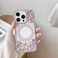 Detail of luxury rhinestone flower iPhone case with pink magnetic ring and 3D floral accents - Pink / iPhone 17 Pro Max