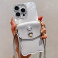 Custodia iPhone con portamonete orsetto argento, tracolla e trama in pelle litchi - Stile Borsa a Onda (iPhone 17Promax)