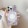 Detail of luxury rhinestone flower iPhone case with purple crystals and MagSafe ring - Purple / iPhone 17 Pro Max