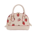 Fashionable strawberry print shell bag in off-white PU leather with top handles and strap - White