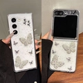 Detail of glitter phone case with pearl butterfly and metal flower for Samsung Z Flip - Frosted Hard Shell - Crushed Crystal Glue - Pearl Butterfly Rose / Samsung ZFlip3