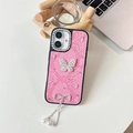 Detail of pink crocodile leather iPhone case with rhinestone butterfly and pearl charms - Rose Red